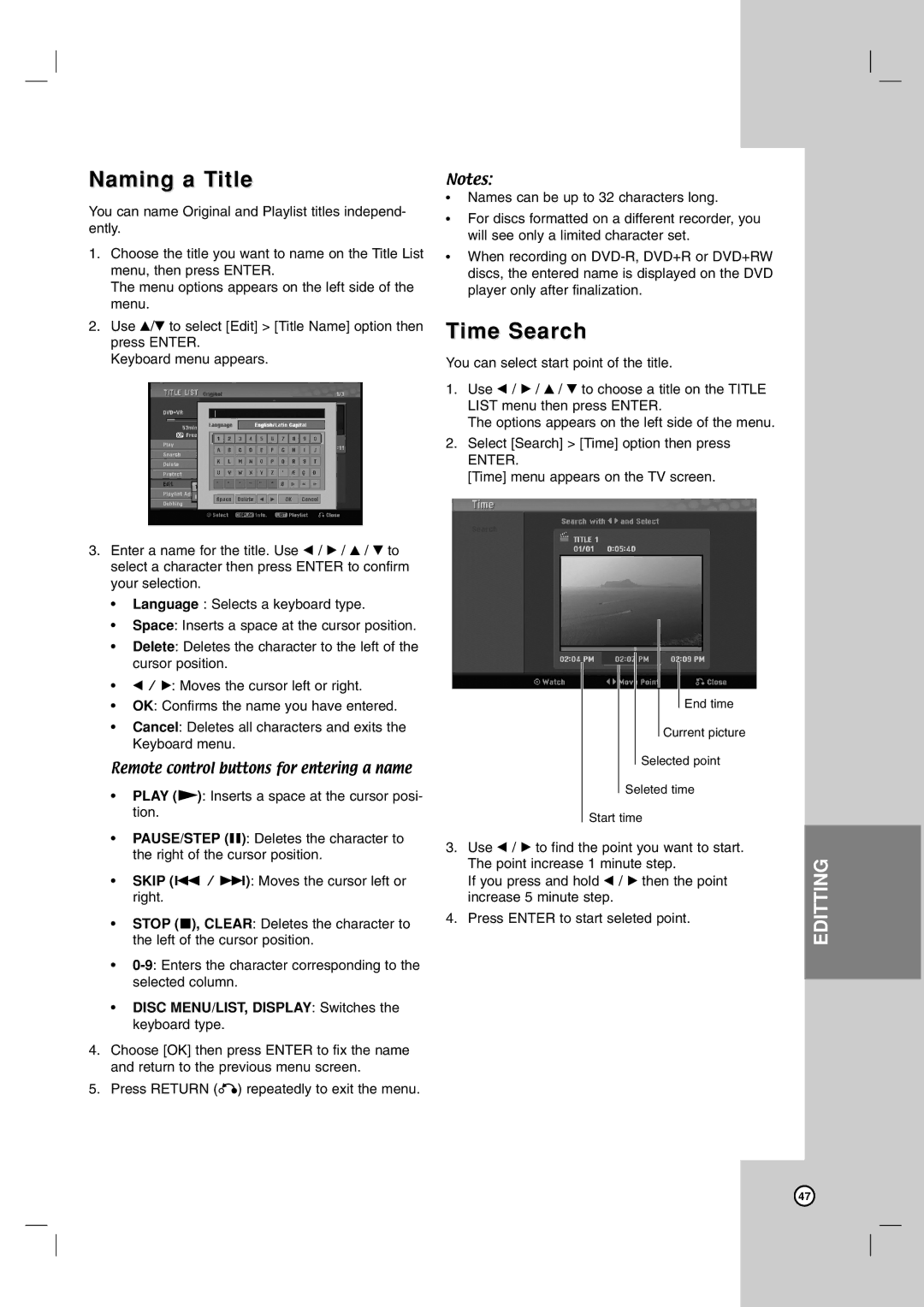 LG Electronics RC199H owner manual Naming a Title, Time Search, Disc MENU/LIST, Display Switches the keyboard type 