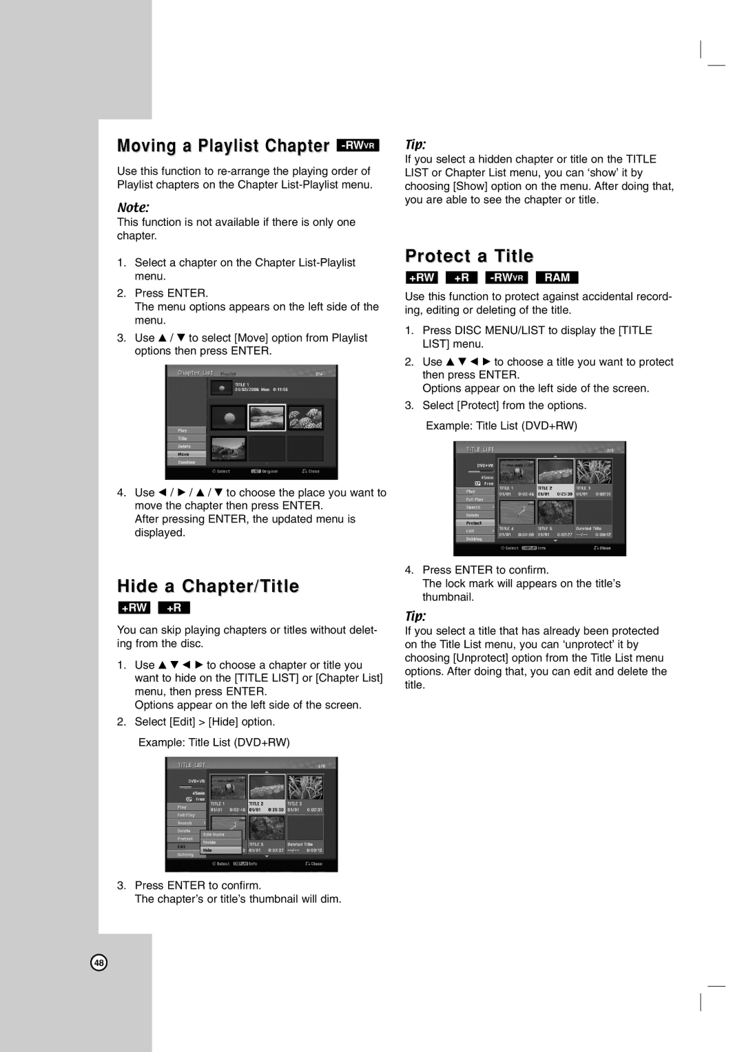 LG Electronics RC199H owner manual Moving a Playlist Chapter -RWVR, Protect a Title, Hide a Chapter/Title 