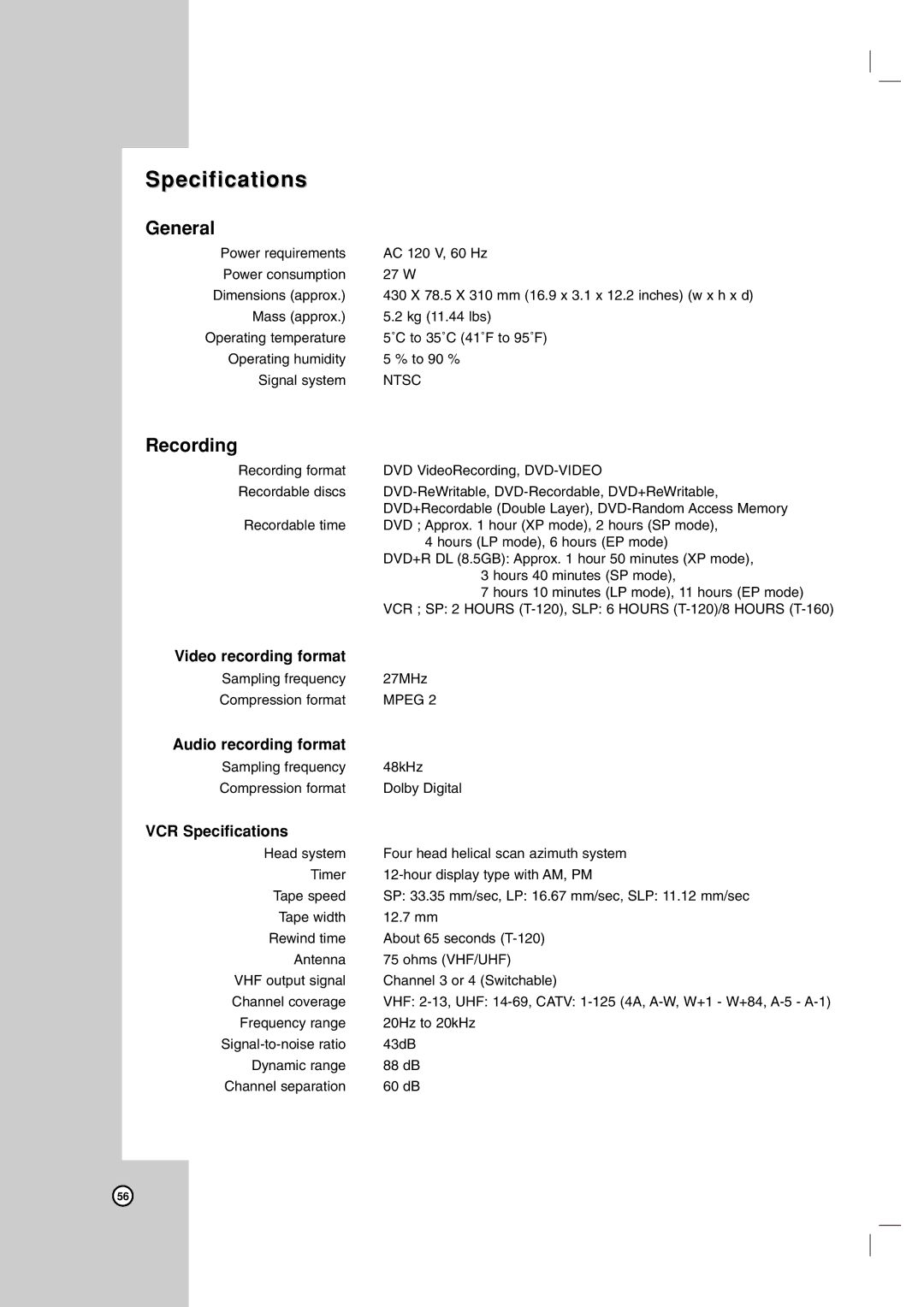 LG Electronics RC199H owner manual Specifications, General, Recording 