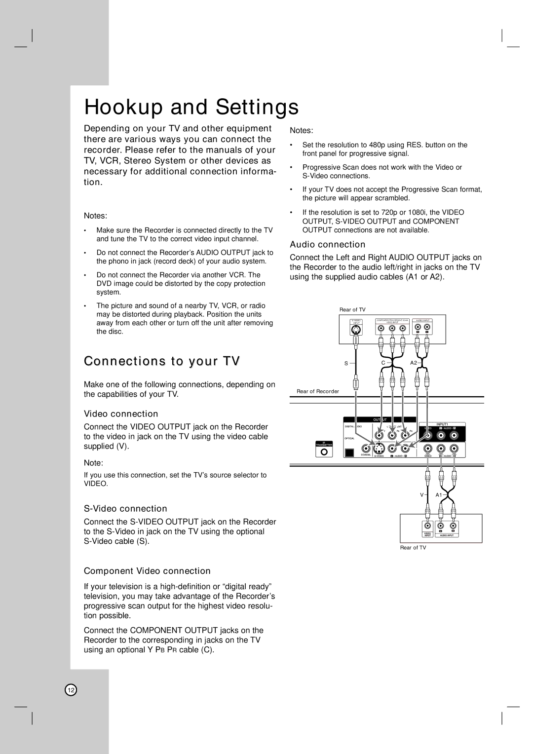 LG Electronics RC700N owner manual Connections to your TV, Audio connection, Component Video connection 