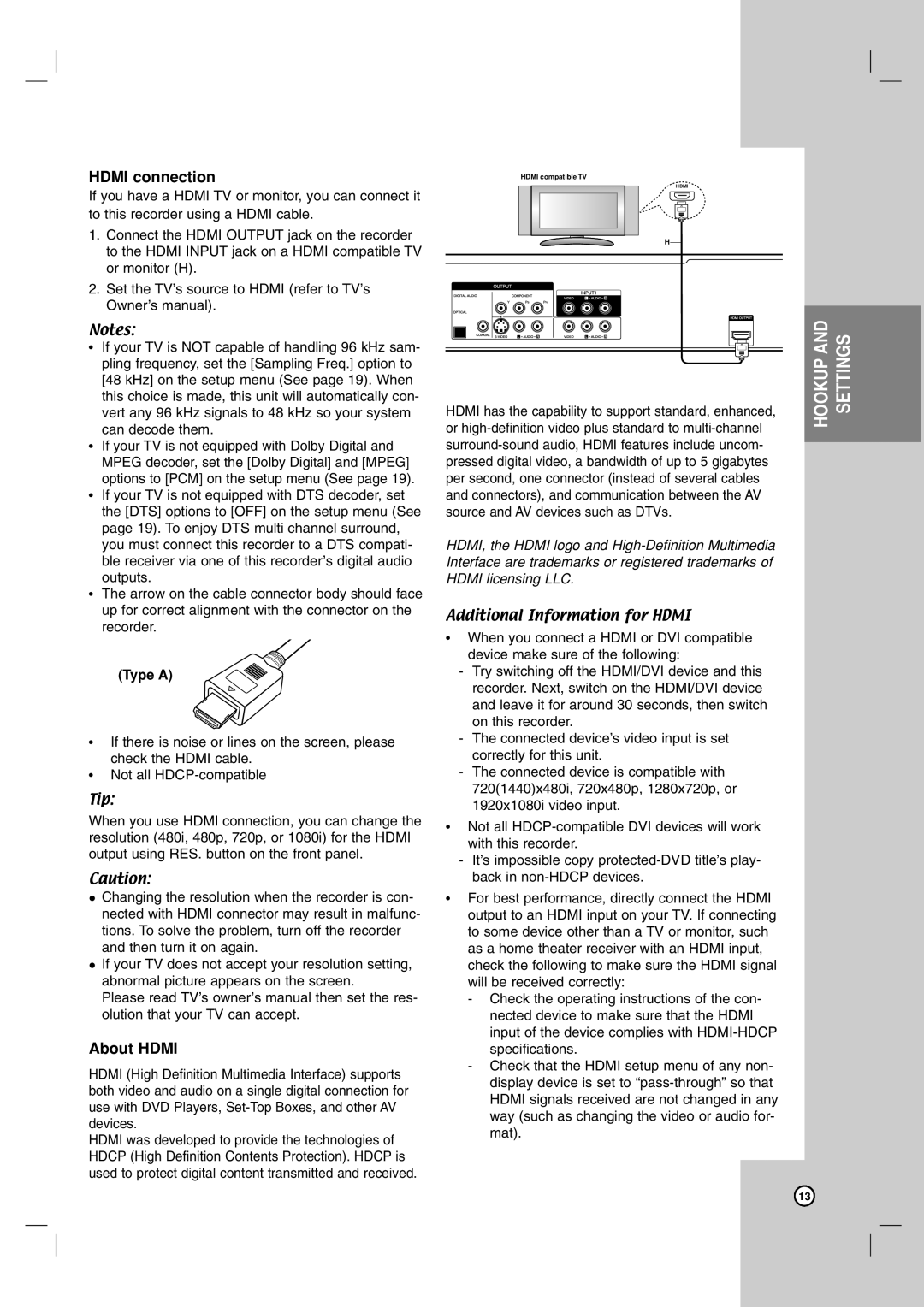 LG Electronics RC700N owner manual Hdmi connection, About Hdmi, Type a 