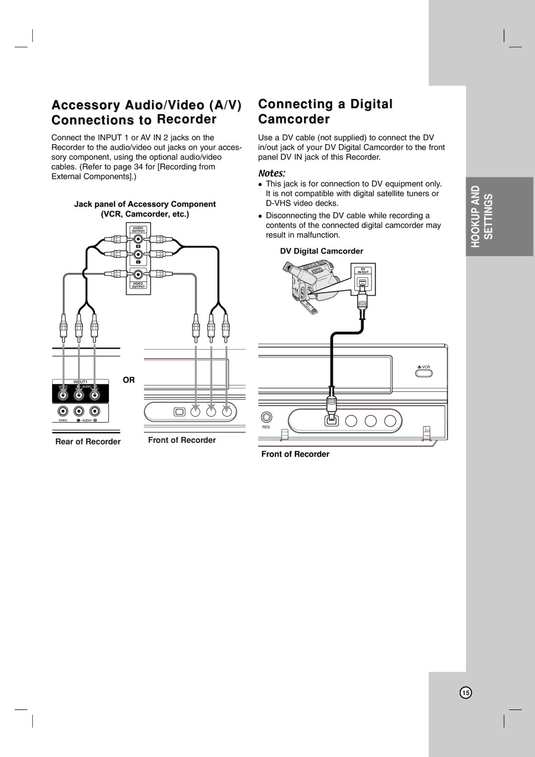 LG Electronics RC700N owner manual Accessory Audio/Video A/V Connections to Recorder, Connecting a Digital Camcorder 