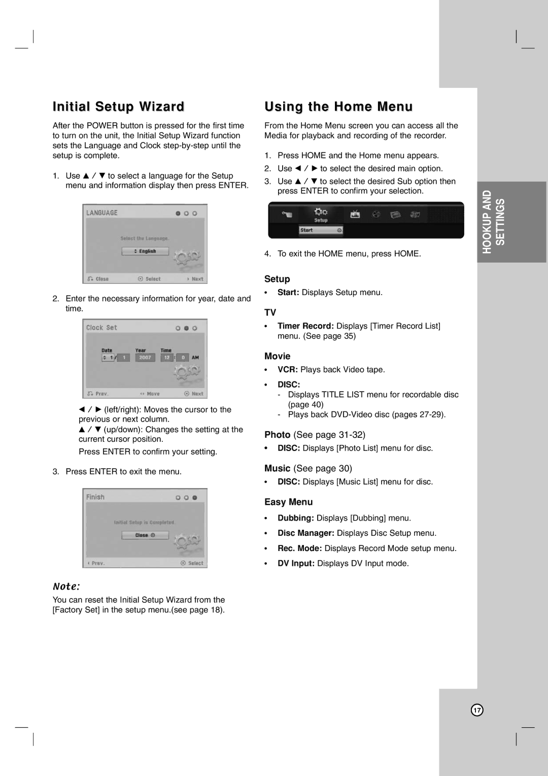 LG Electronics RC700N owner manual Initial Setup Wizard, Using the Home Menu, Movie, Easy Menu 