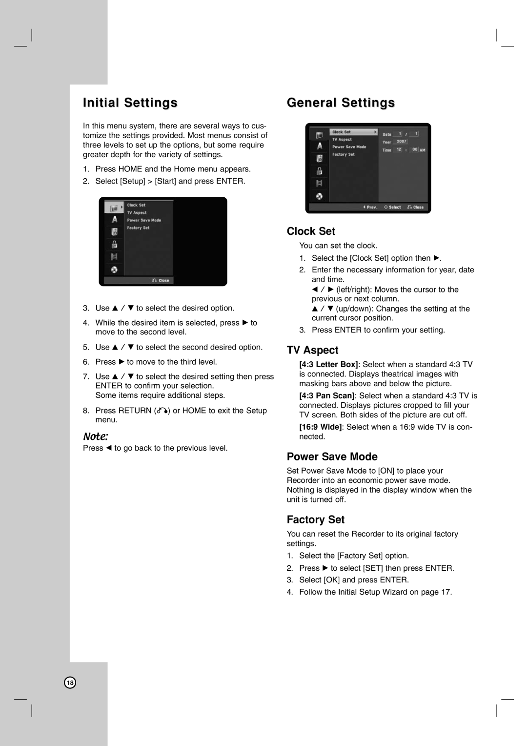 LG Electronics RC700N owner manual Initial Settings General Settings, Clock Set, TV Aspect, Power Save Mode, Factory Set 