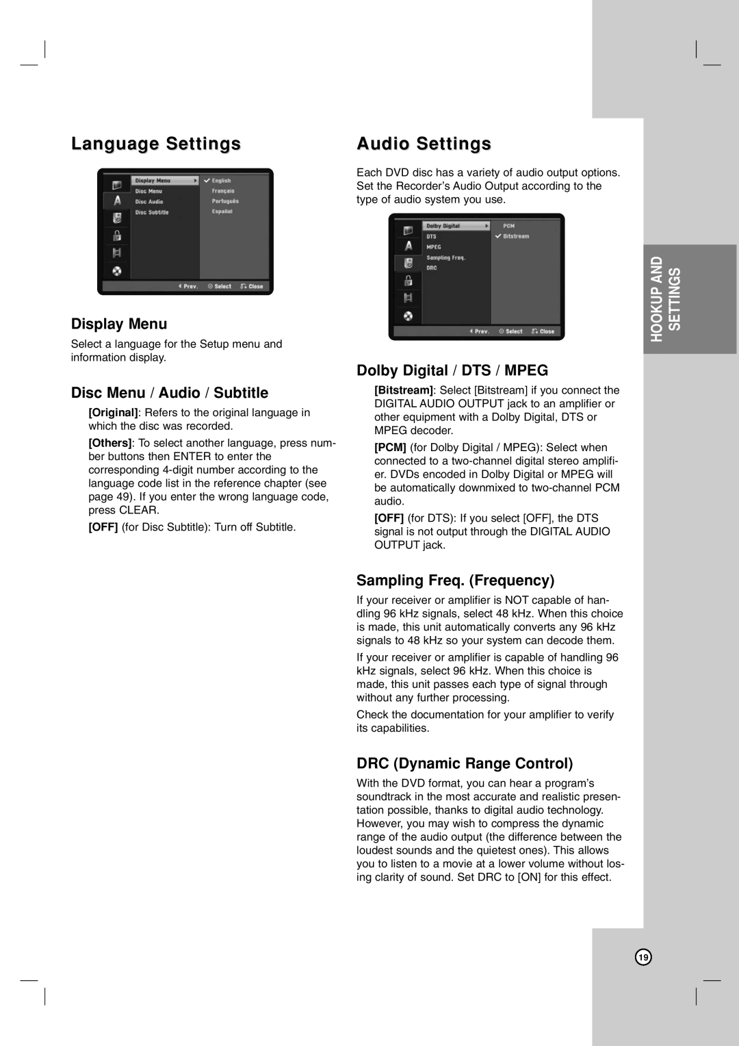 LG Electronics RC700N owner manual Language Settings, Audio Settings 