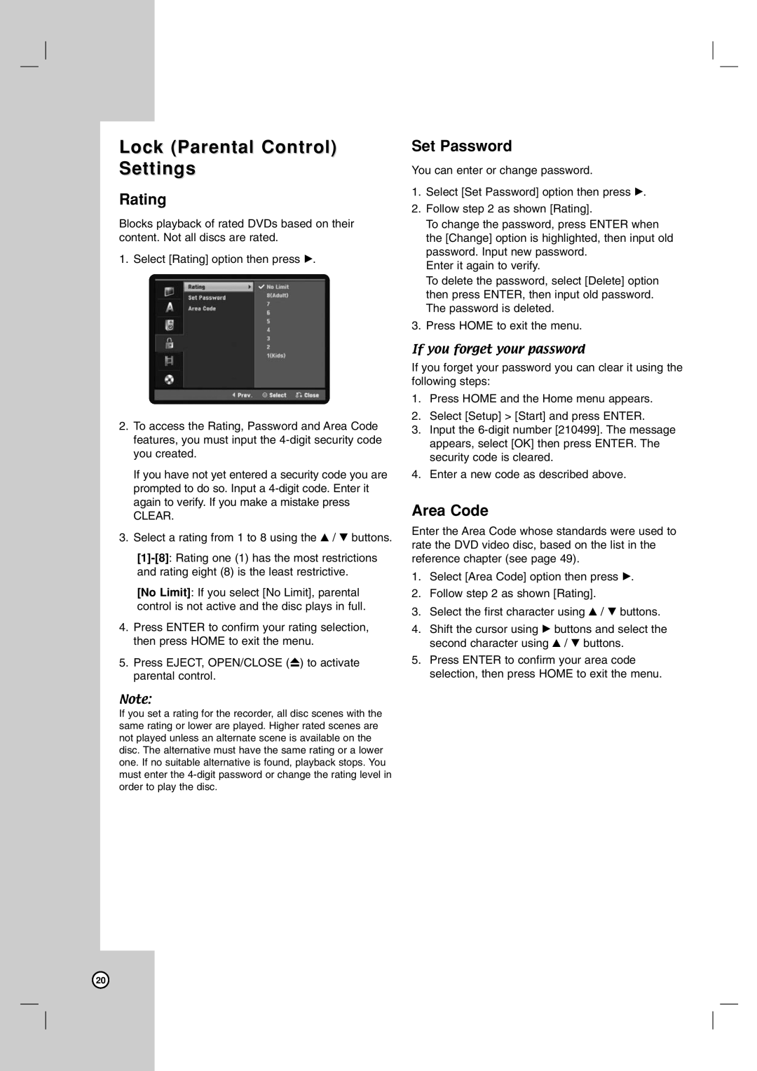 LG Electronics RC700N owner manual Lock Parental Control Settings, Rating, Set Password, Area Code 