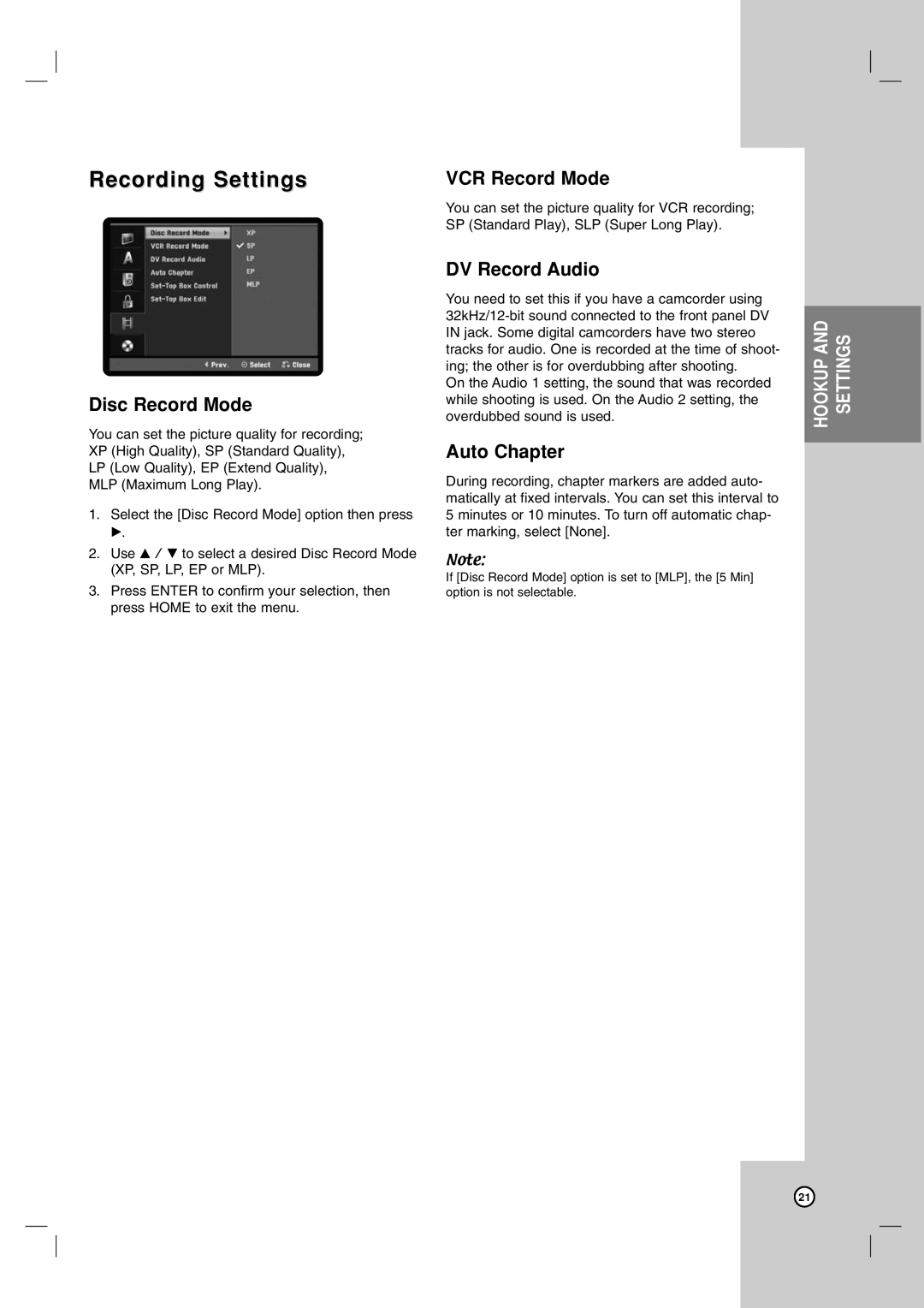 LG Electronics RC700N owner manual Recording Settings, Disc Record Mode, VCR Record Mode, DV Record Audio, Auto Chapter 