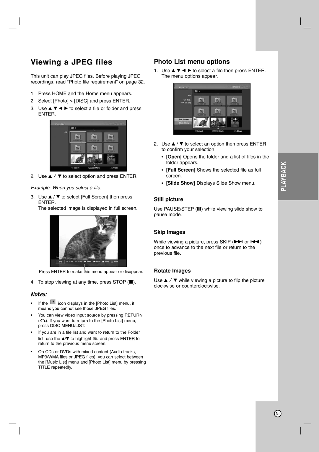 LG Electronics RC700N owner manual Viewing a Jpeg files, Photo List menu options, Still picture, Skip Images, Rotate Images 