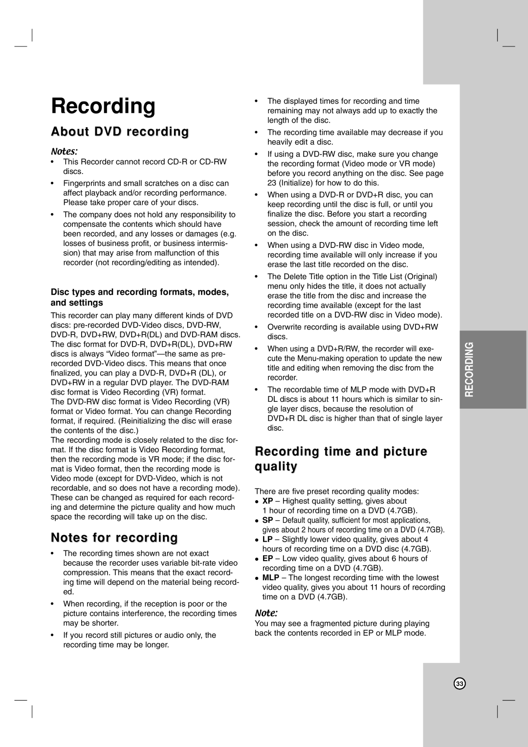 LG Electronics RC700N owner manual About DVD recording, Recording time and picture quality 