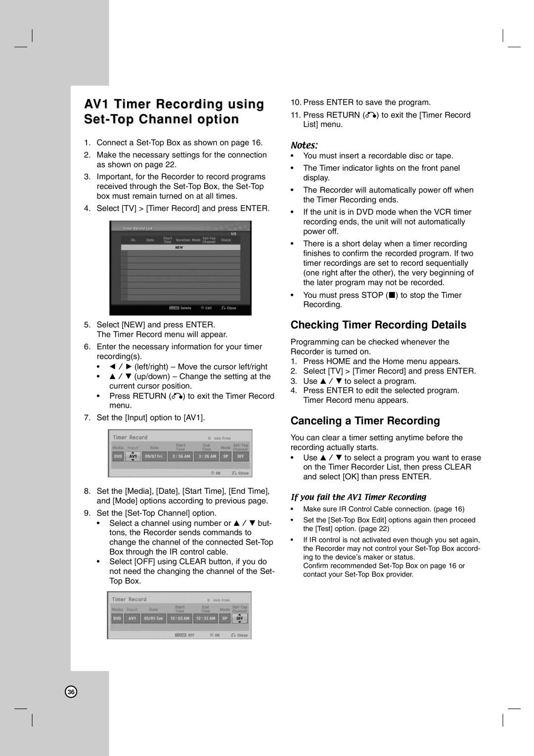 LG Electronics RC700N owner manual AV1 Timer Recording using Set-Top Channel option 