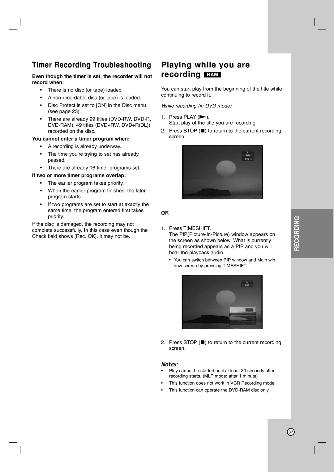 LG Electronics RC700N owner manual Playing while you are recording RAM, You cannot enter a timer program when 