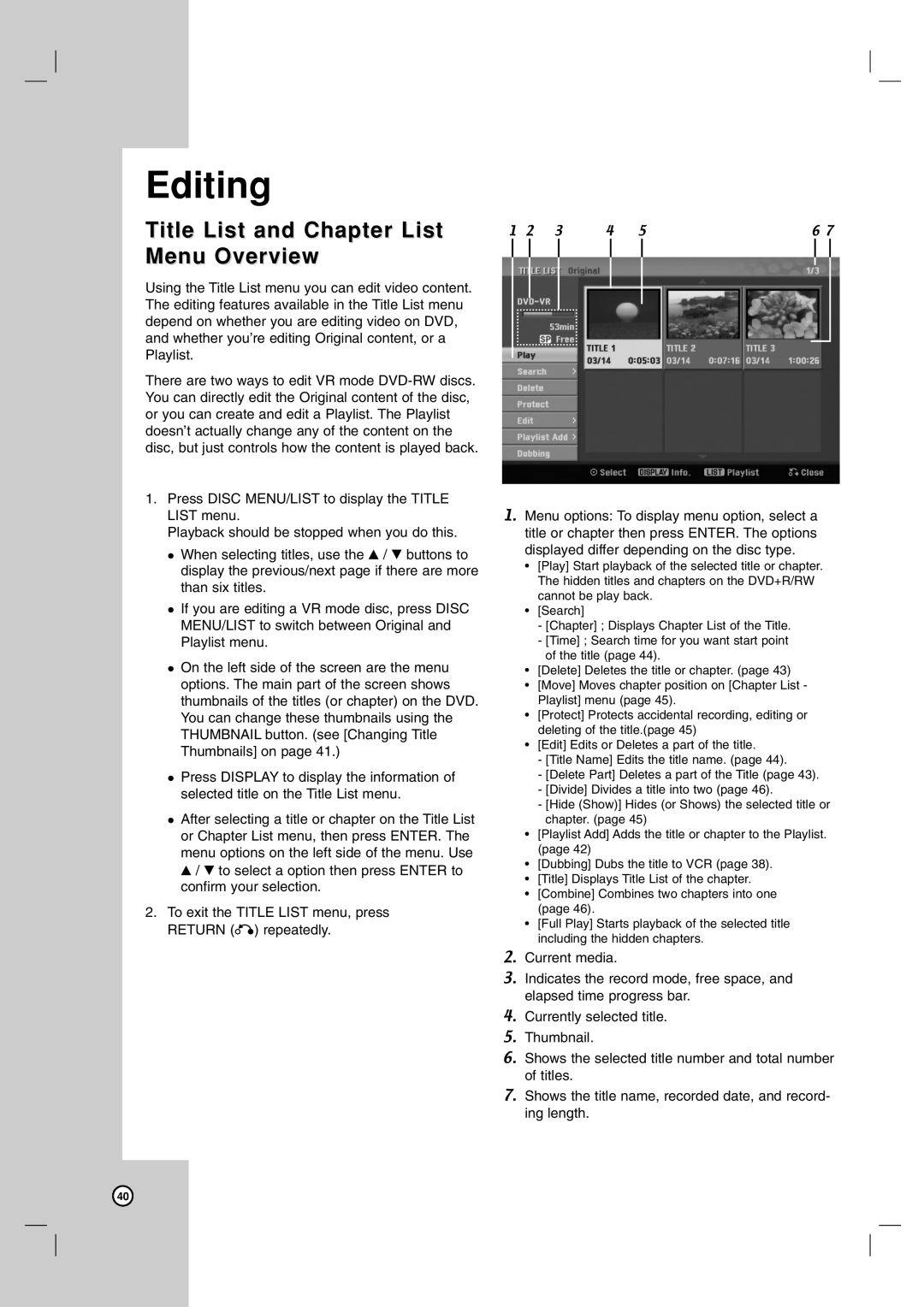 LG Electronics RC700N owner manual Editing, Title List and Chapter List Menu Overview 