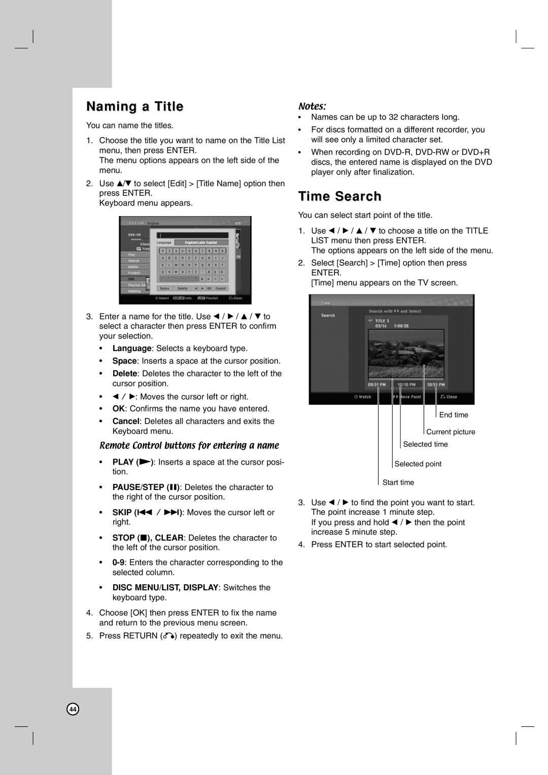 LG Electronics RC700N owner manual Naming a Title, Time Search, Disc MENU/LIST, Display Switches the keyboard type 