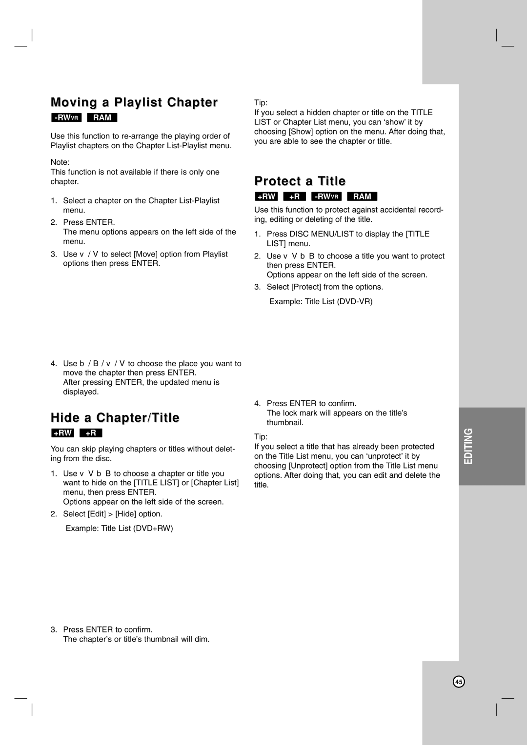 LG Electronics RC700N owner manual Moving a Playlist Chapter, Hide a Chapter/Title, Protect a Title 