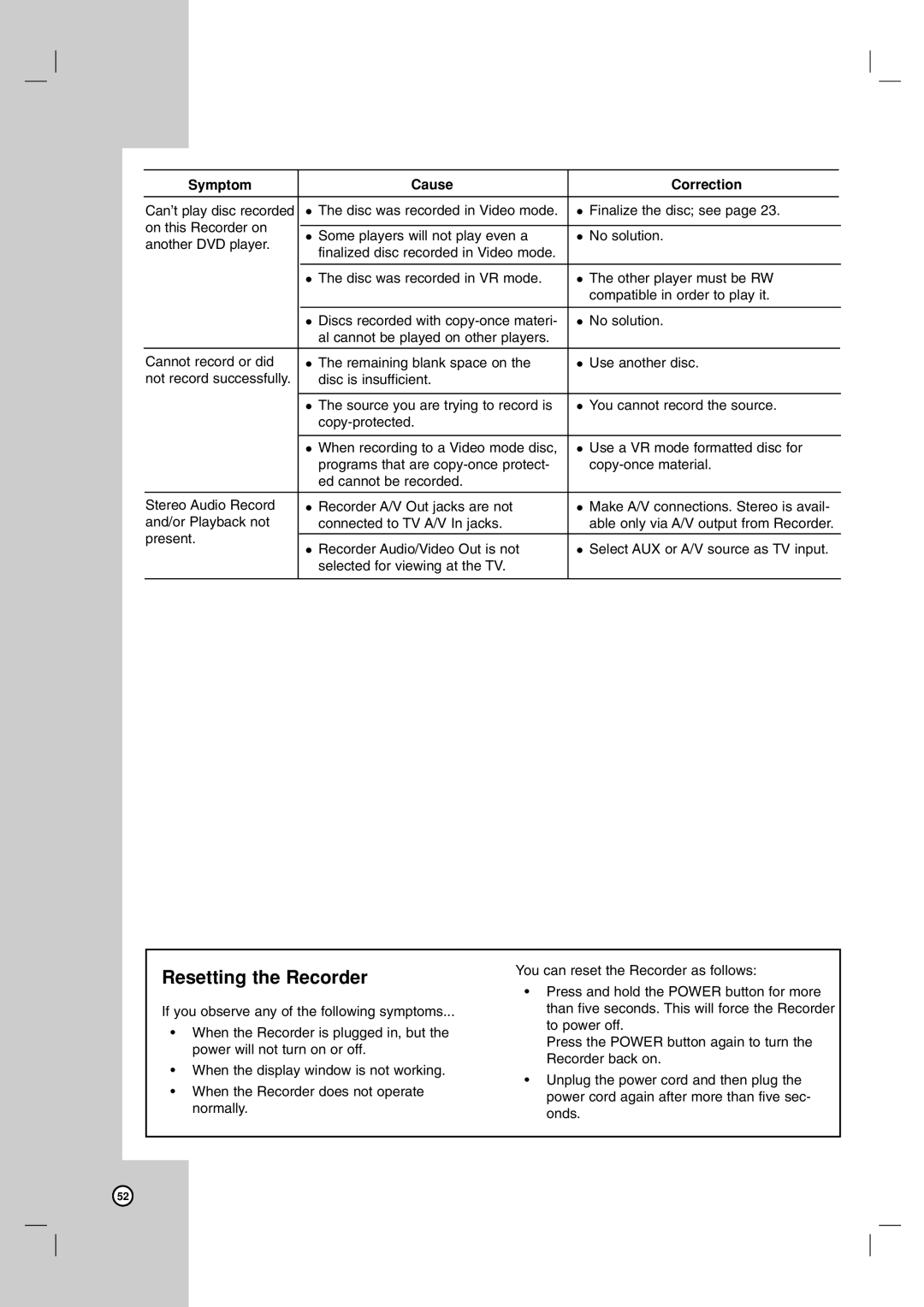 LG Electronics RC700N owner manual Resetting the Recorder, You can reset the Recorder as follows 