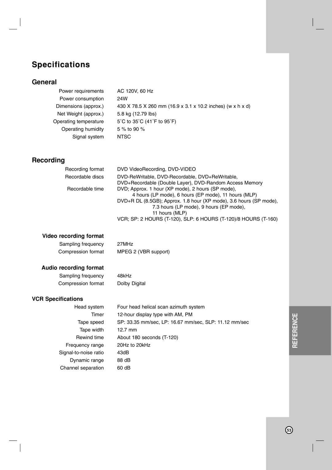 LG Electronics RC700N owner manual Specifications, General, Recording 