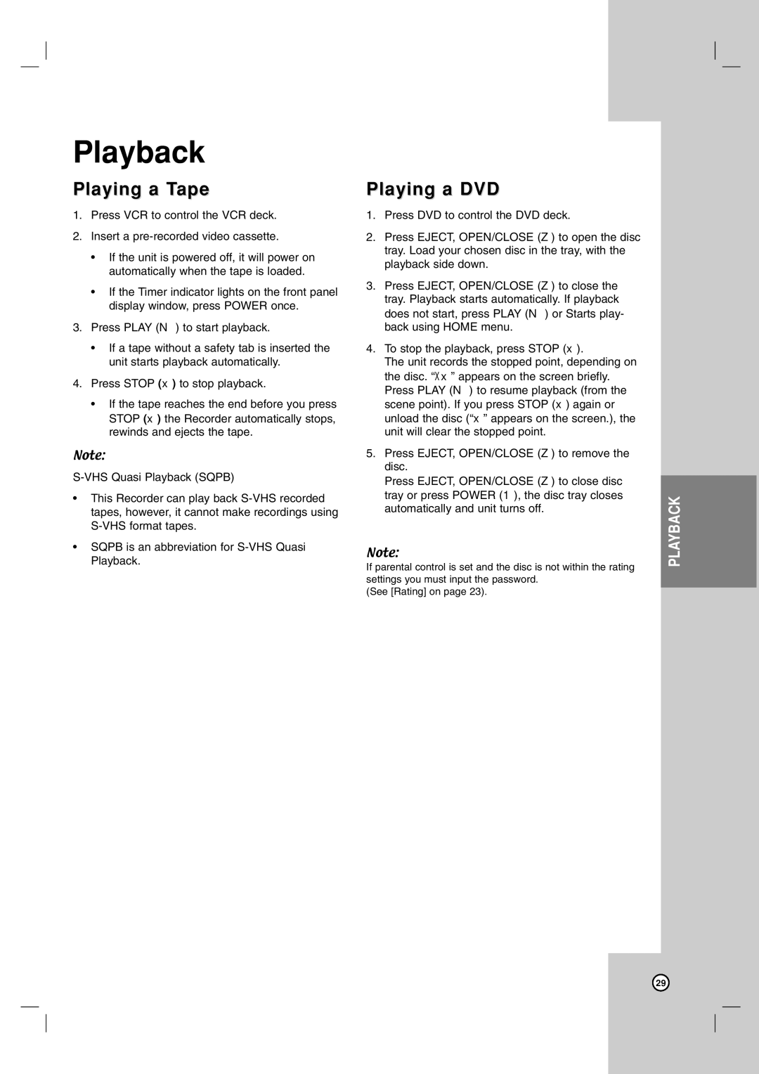 LG Electronics RC797T owner manual Playback, Playing a Tape, Playing a DVD 