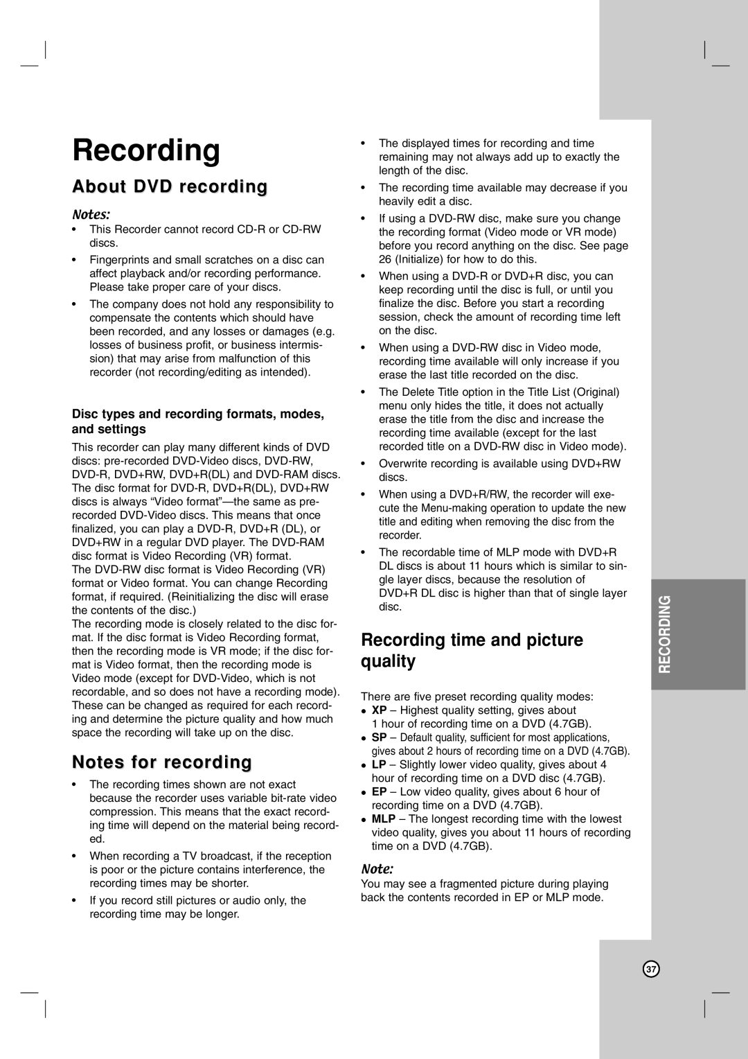 LG Electronics RC797T owner manual About DVD recording, Recording time and picture quality 