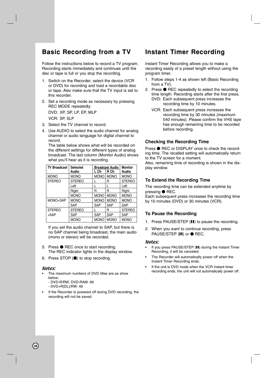 LG Electronics RC797T owner manual Basic Recording from a TV, Instant Timer Recording, Checking the Recording Time 