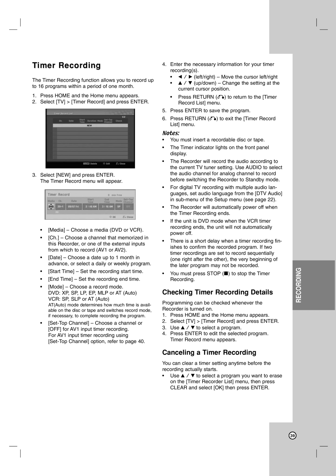 LG Electronics RC797T owner manual Checking Timer Recording Details, Canceling a Timer Recording 