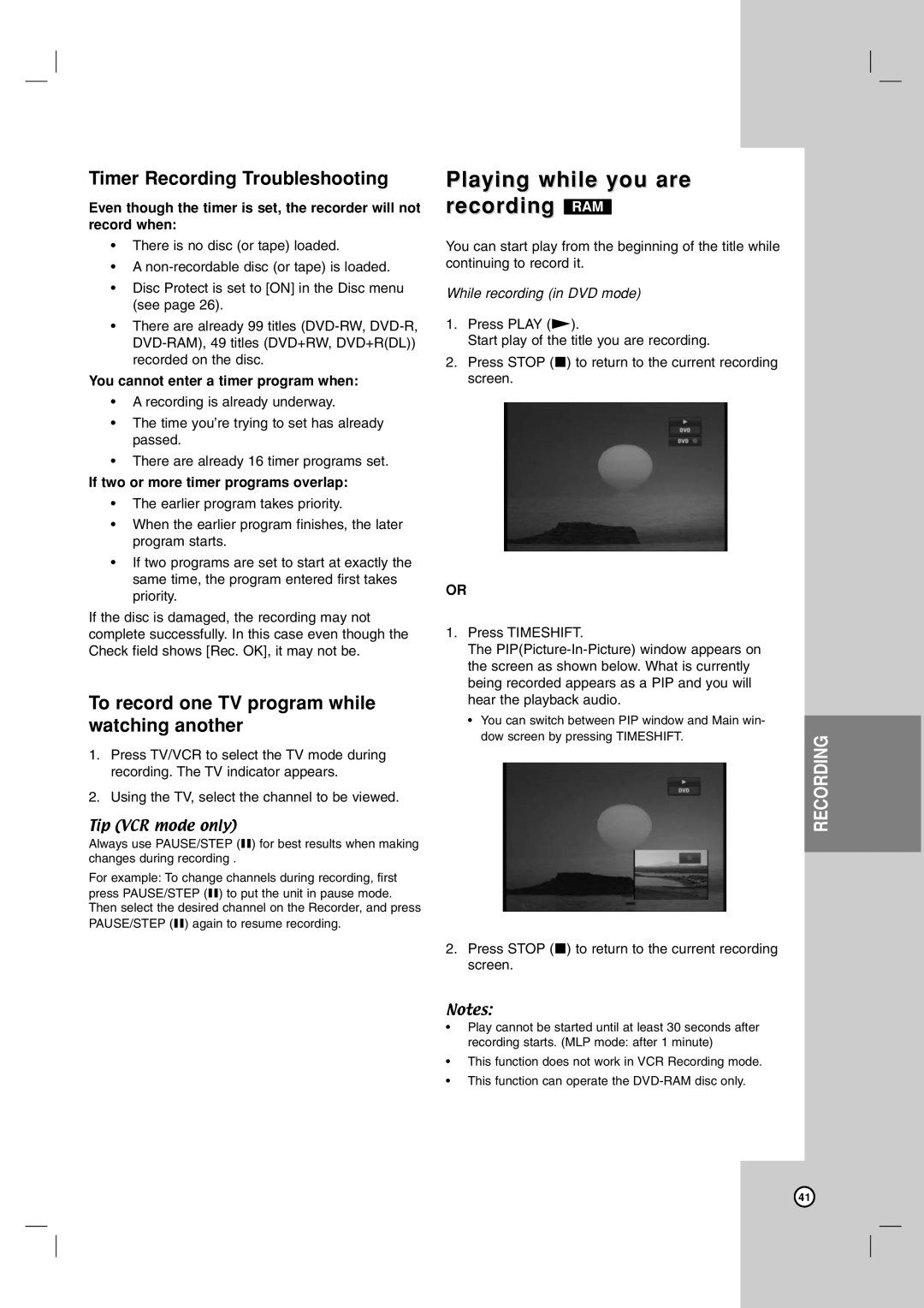 LG Electronics RC797T owner manual Playing while you are recording RAM, Timer Recording Troubleshooting 