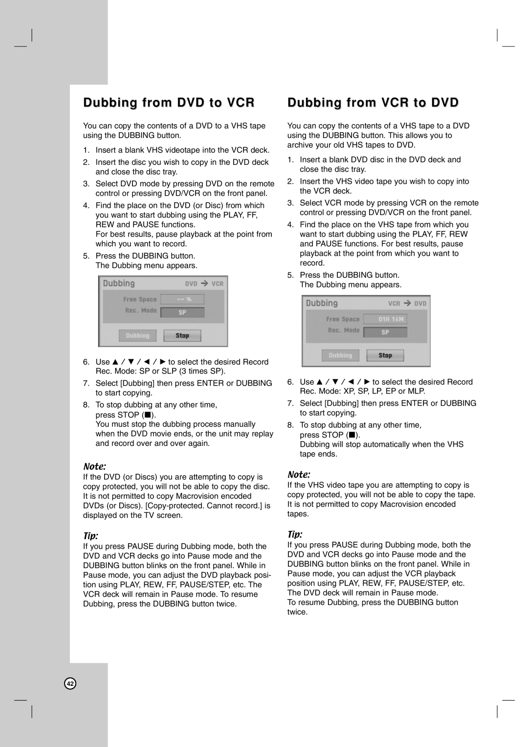 LG Electronics RC797T owner manual Dubbing from DVD to VCR, Dubbing from VCR to DVD 