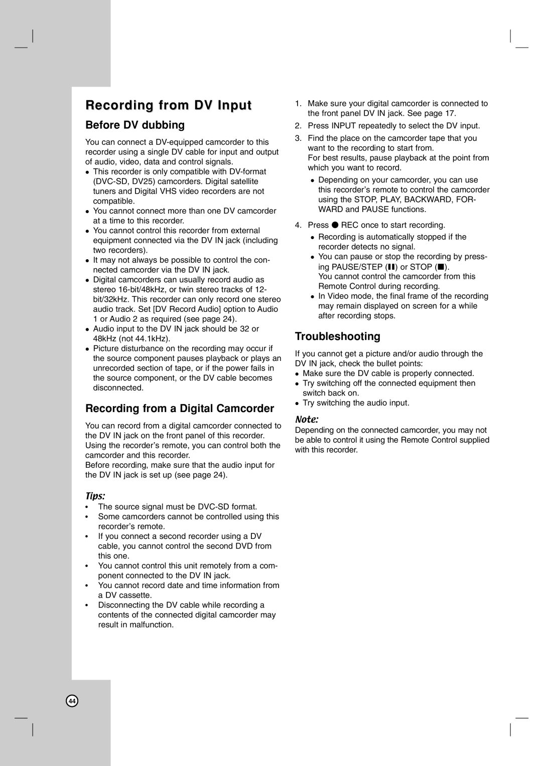 LG Electronics RC797T Recording from DV Input, Before DV dubbing, Recording from a Digital Camcorder, Troubleshooting 