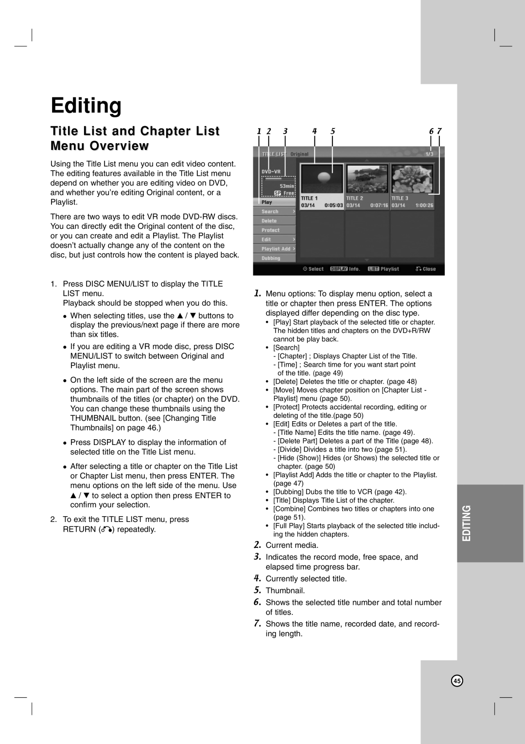 LG Electronics RC797T owner manual Editing, Title List and Chapter List Menu Overview 