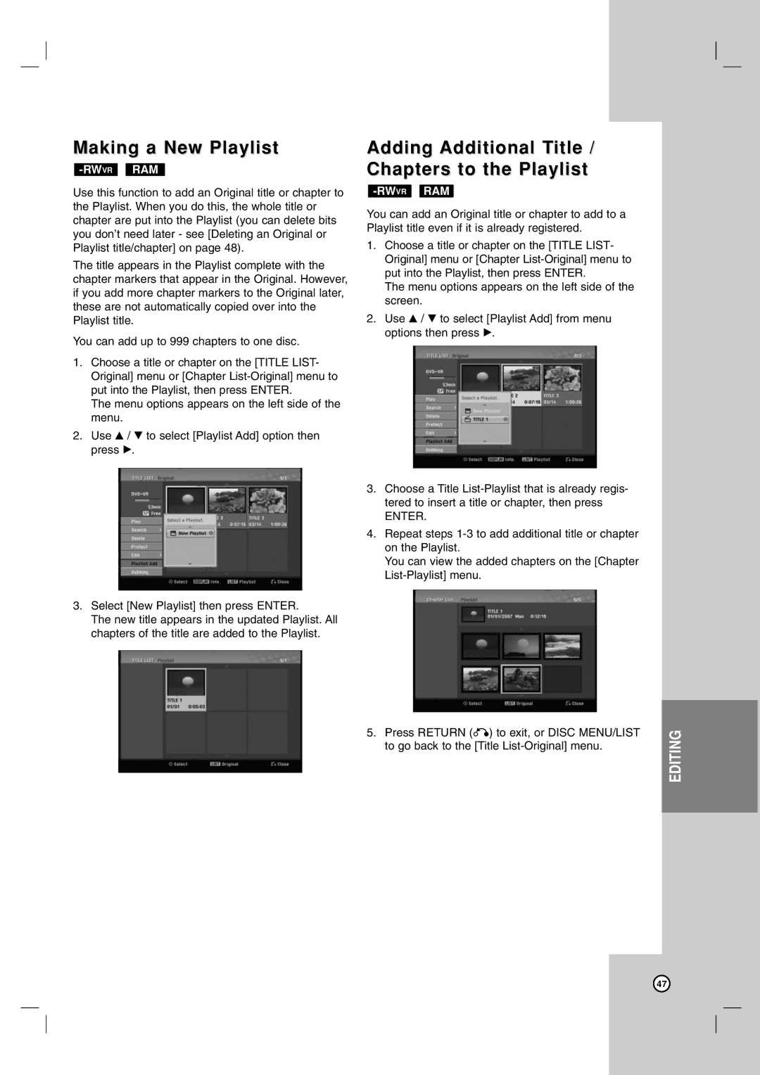 LG Electronics RC797T owner manual Making a New Playlist, Adding Additional Title / Chapters to the Playlist 