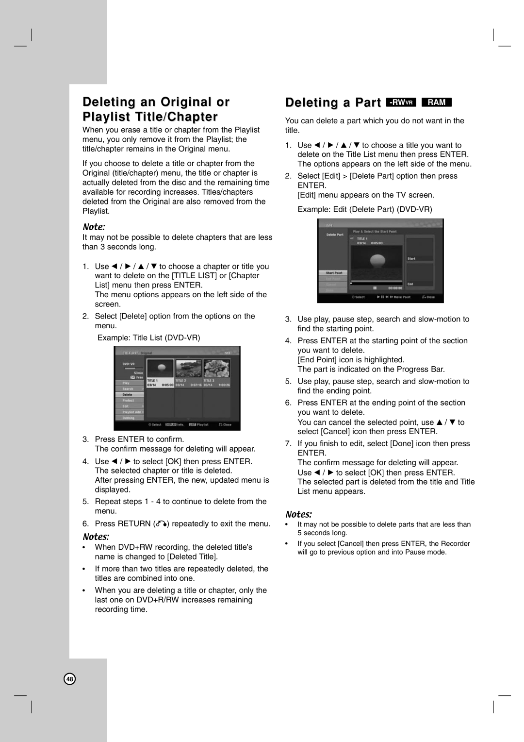 LG Electronics RC797T owner manual Deleting an Original or Playlist Title/Chapter, Deleting a Part -RW 