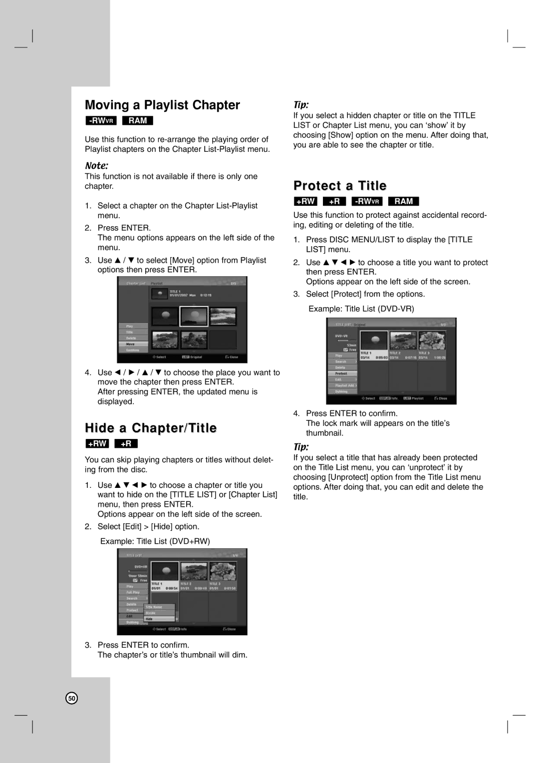 LG Electronics RC797T owner manual Moving a Playlist Chapter, Hide a Chapter/Title, Protect a Title 