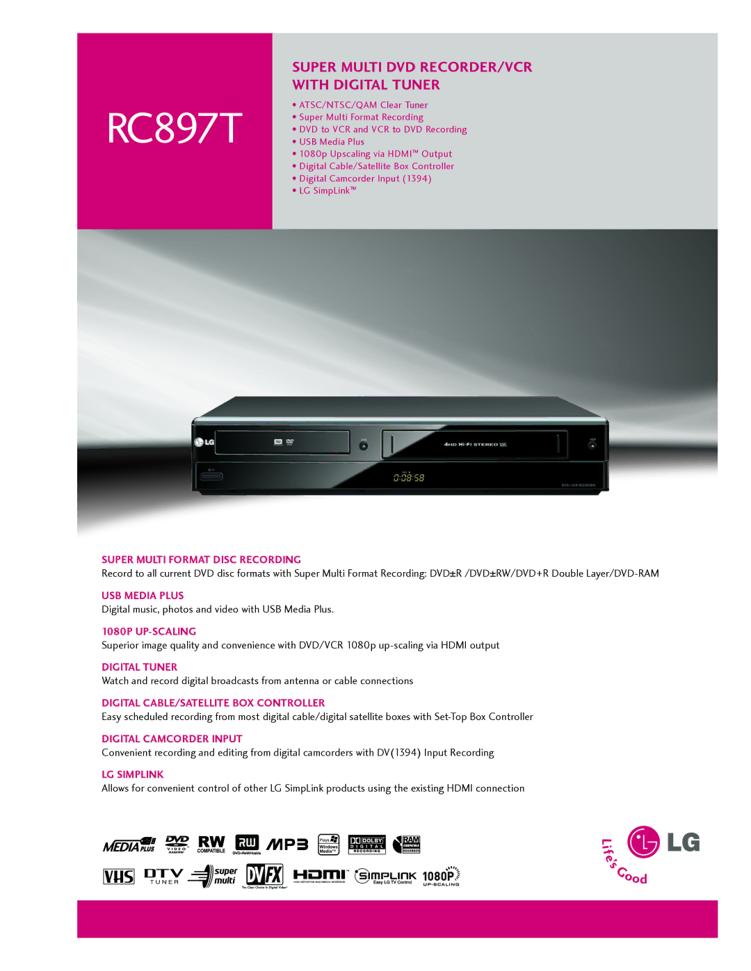 LG Electronics RC897T manual USB Media Plus, Digital Tuner, Digital Camcorder Input 