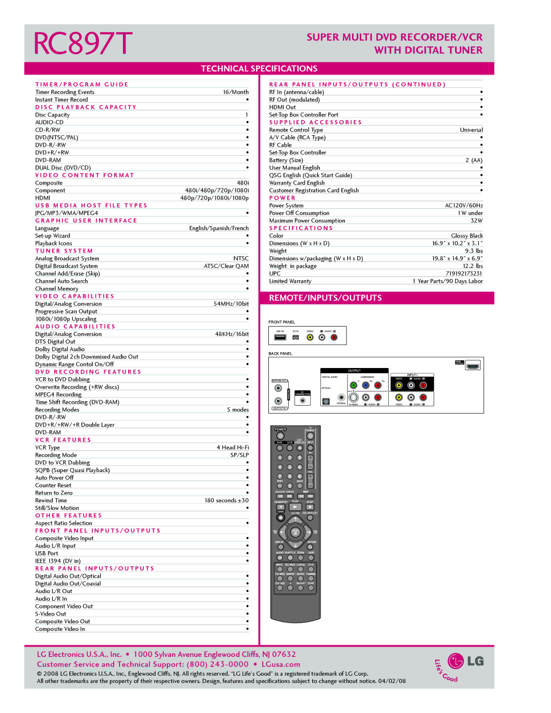 LG Electronics RC897T manual D E O C O N T E N T F O R M At, B M E D I a H O S T F I L E T Y P E S, E C I F I C At I O N S 