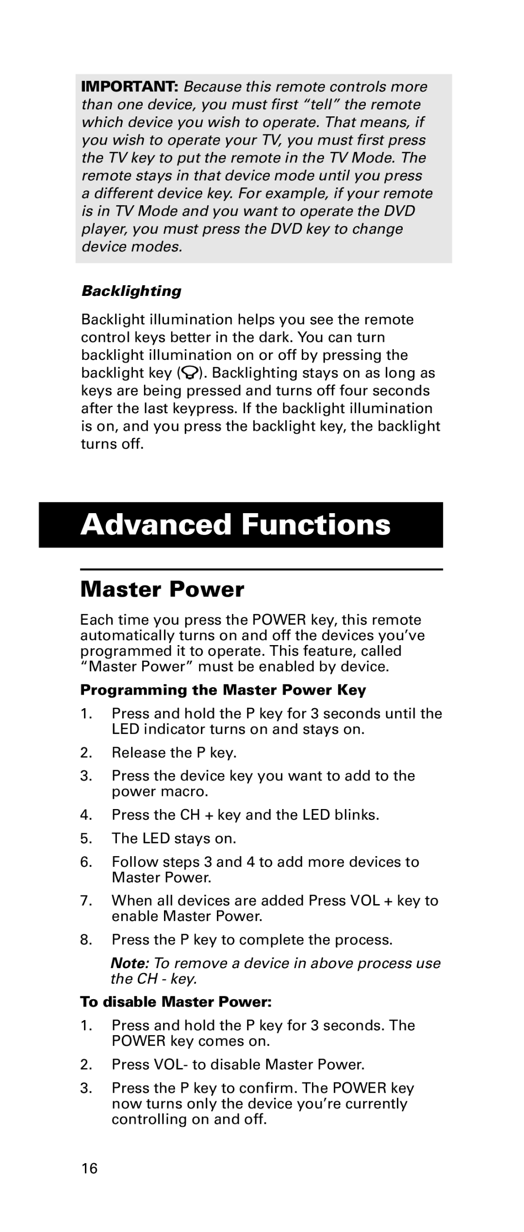 LG Electronics RCRPS06GR Advanced Functions, Backlighting, Programming the Master Power Key, To disable Master Power 