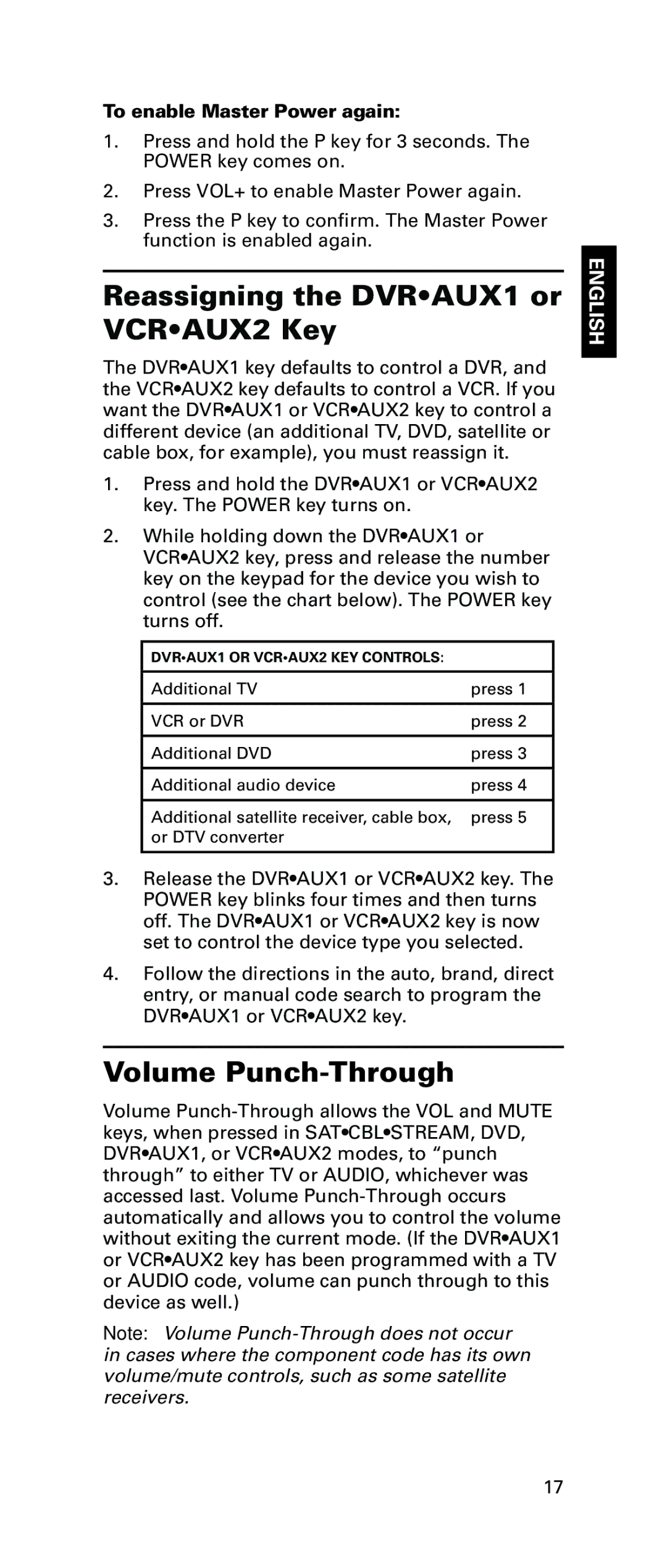 LG Electronics RCRPS06GR Reassigning the DVRAUX1 or VCRAUX2 Key, Volume Punch-Through, To enable Master Power again 