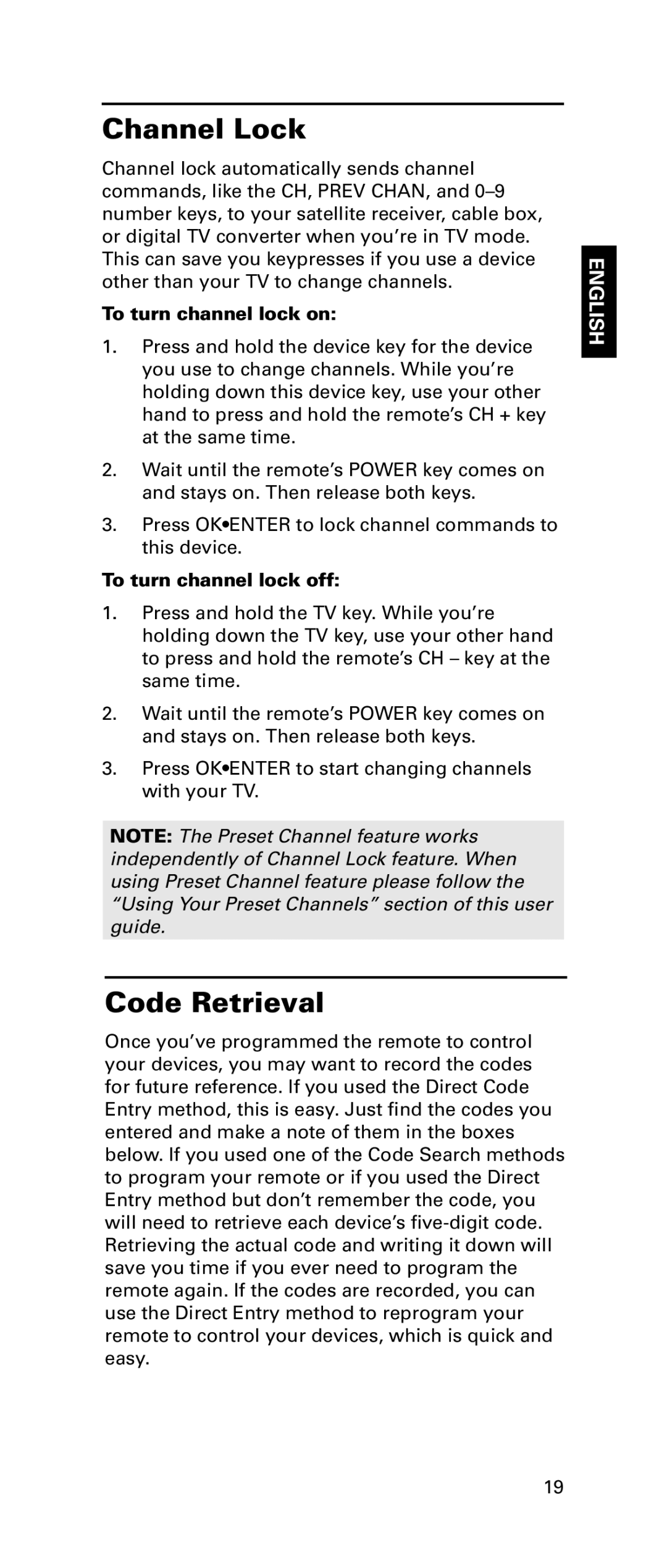 LG Electronics RCRPS06GR owner manual Channel Lock, Code Retrieval, To turn channel lock on, To turn channel lock off 