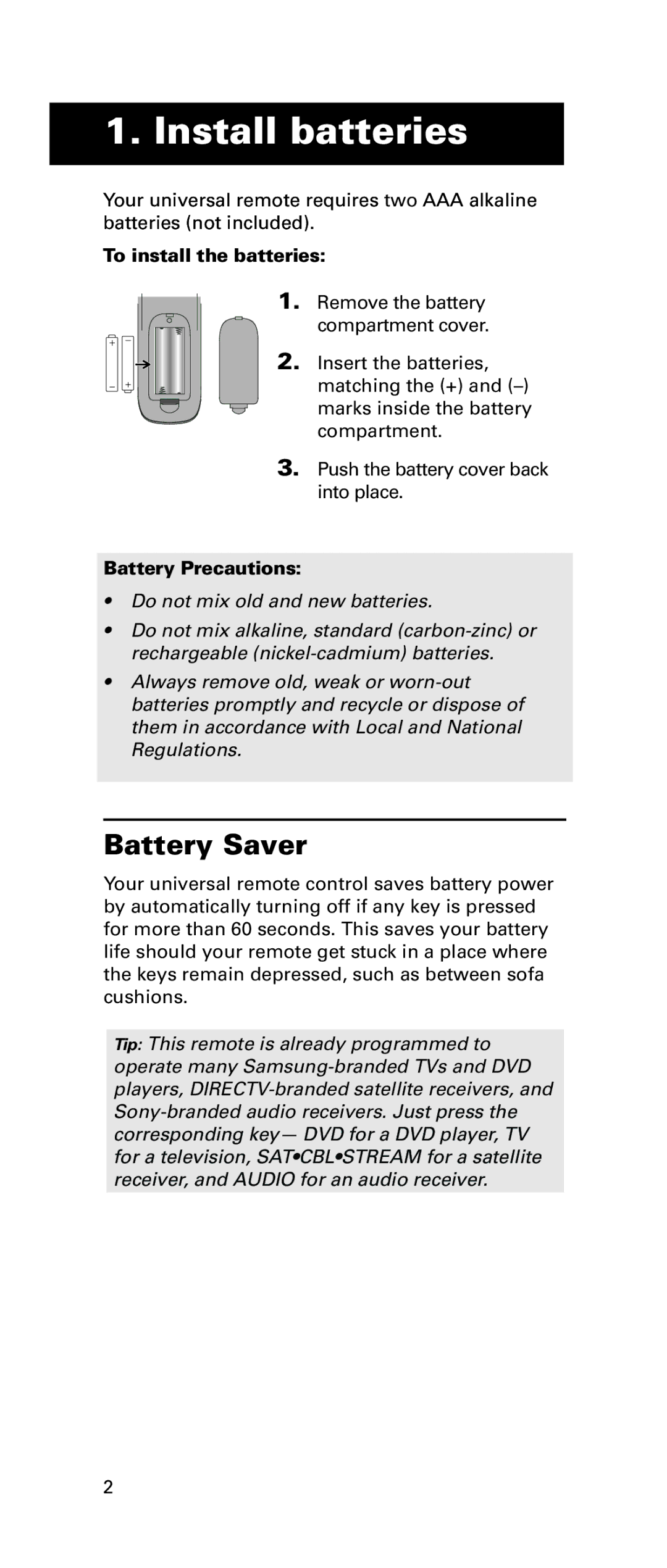 LG Electronics RCRPS06GR owner manual Install batteries, Battery Saver, To install the batteries, Battery Precautions 