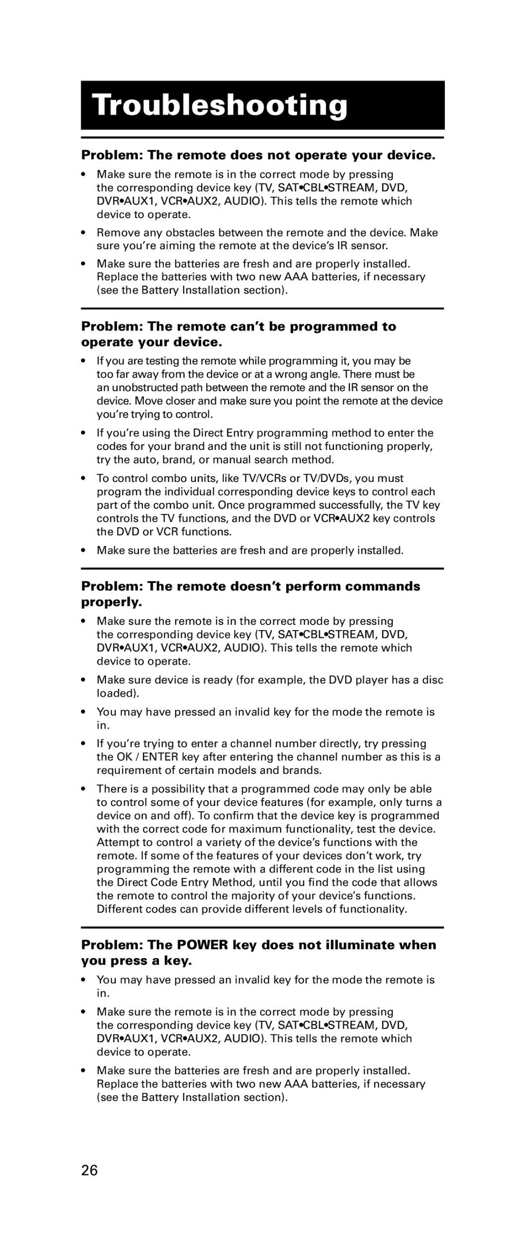 LG Electronics RCRPS06GR owner manual Troubleshooting, Problem The remote does not operate your device 