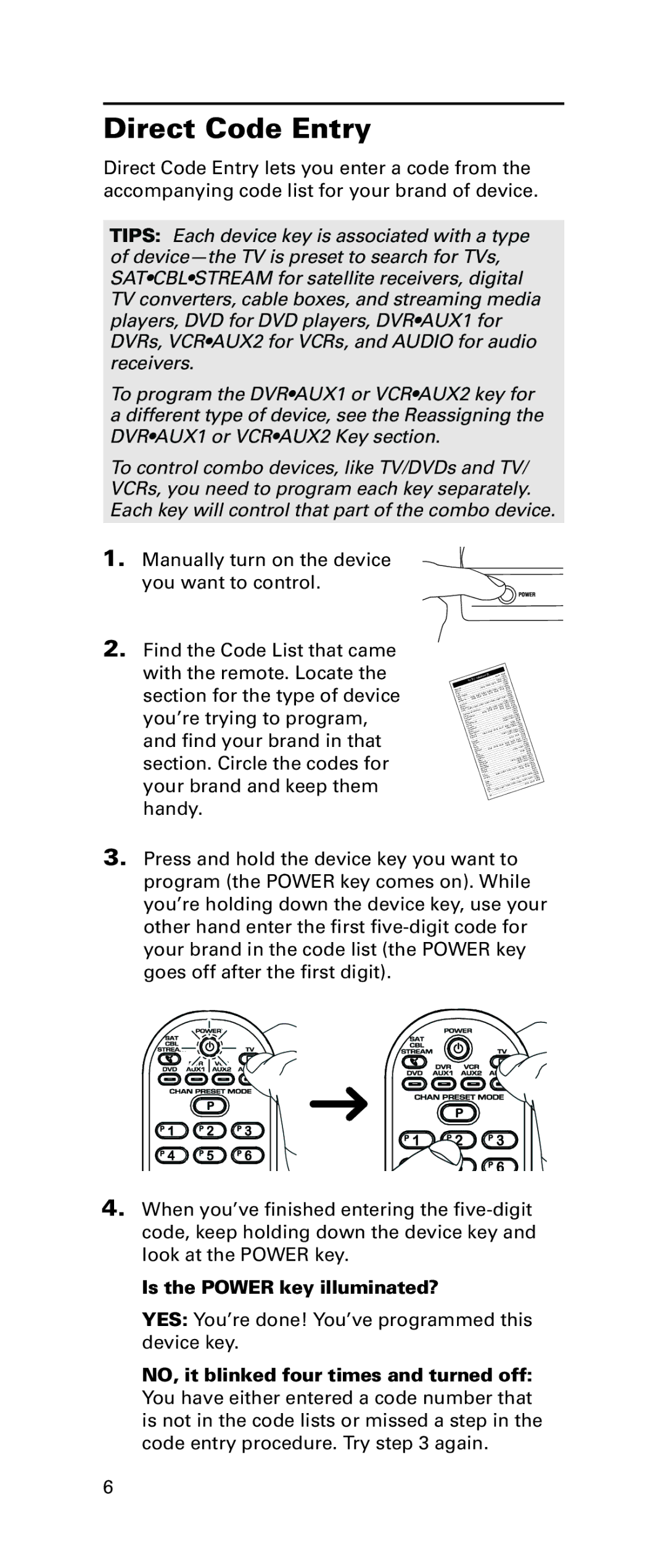 LG Electronics RCRPS06GR owner manual Direct Code Entry, Is the Power key illuminated? 