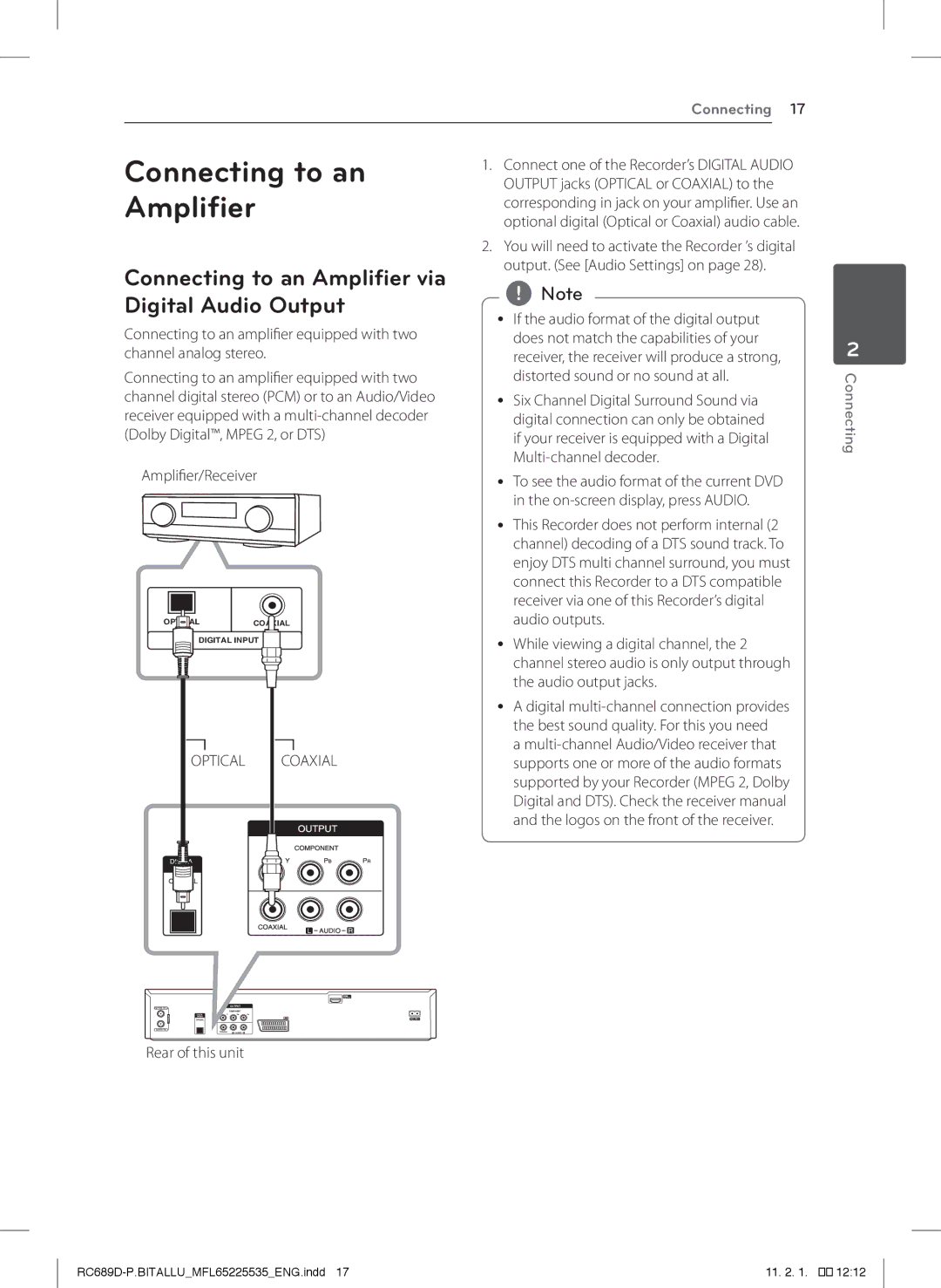 LG Electronics RCT689H owner manual Connecting to an Amplifier via Digital Audio Output, Amplifier/Receiver 