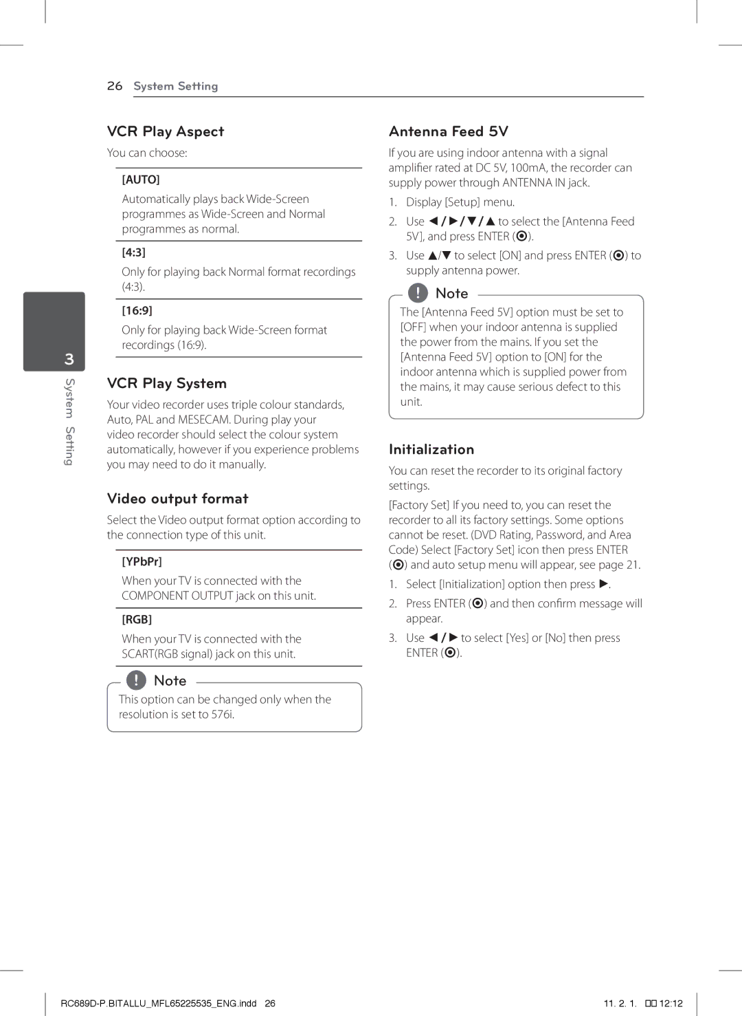 LG Electronics RCT689H owner manual VCR Play Aspect, VCR Play System, Video output format, Antenna Feed, Initialization 