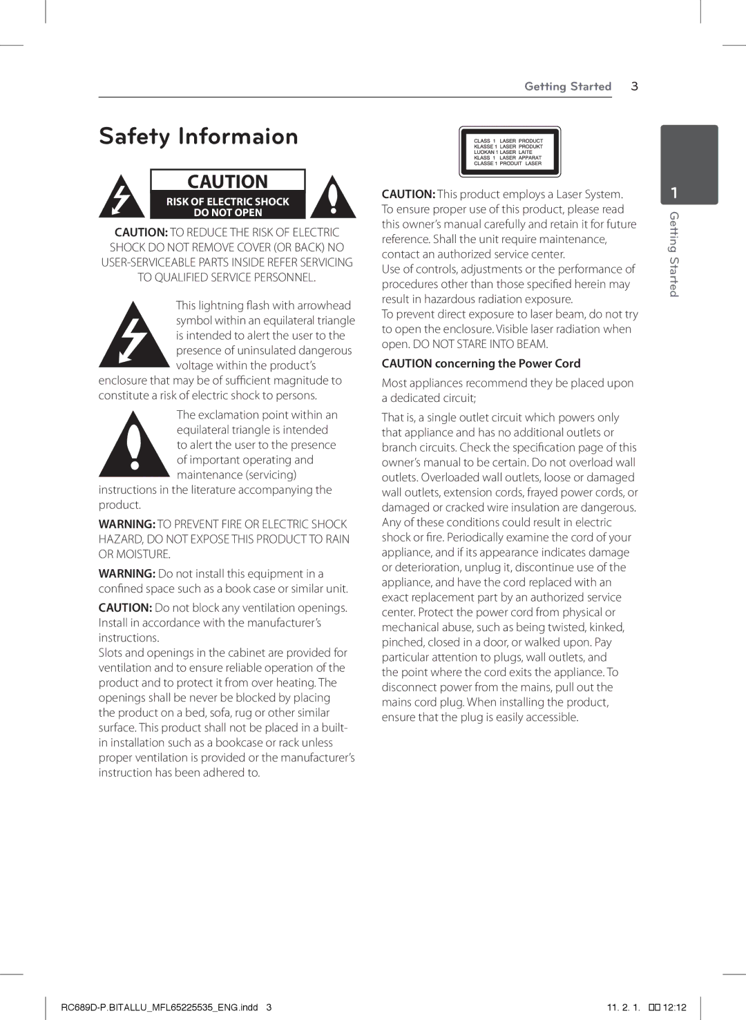 LG Electronics RCT689H owner manual Safety Informaion, Instructions in the literature accompanying the product 