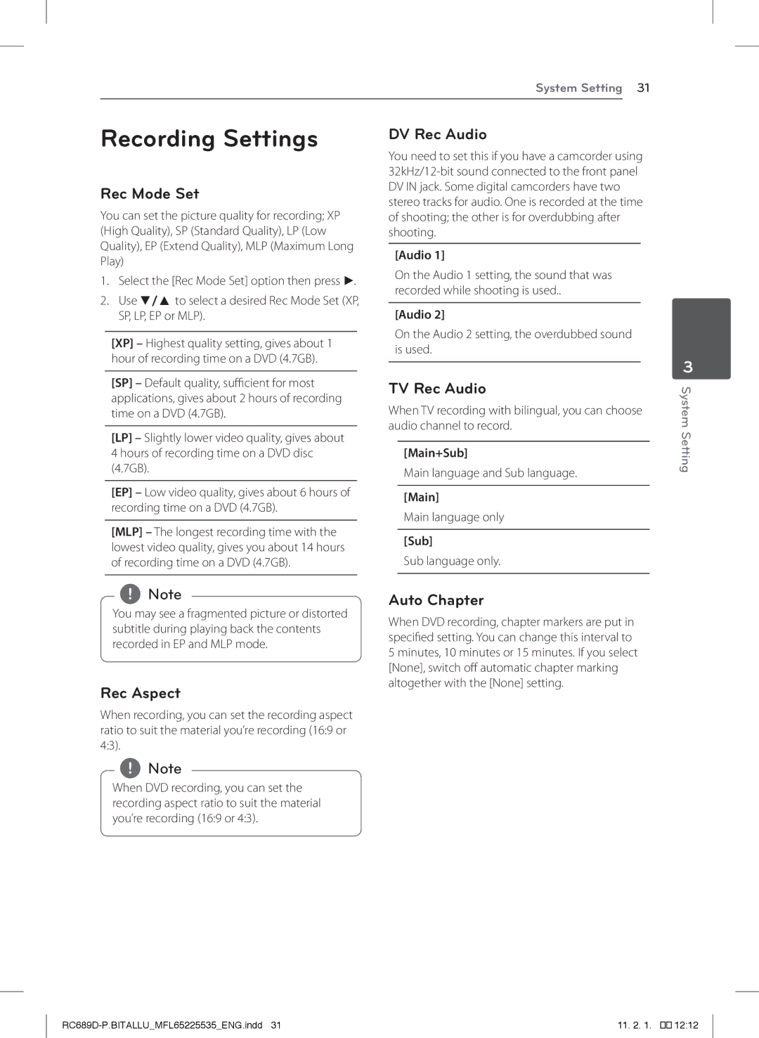 LG Electronics RCT689H owner manual Recording Settings 