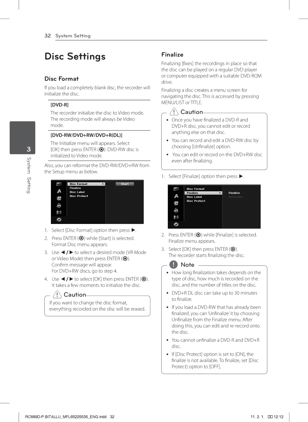 LG Electronics RCT689H owner manual Disc Settings, Disc Format, Finalize, Dvd-Rw/Dvd+Rw/Dvd+Rdl 