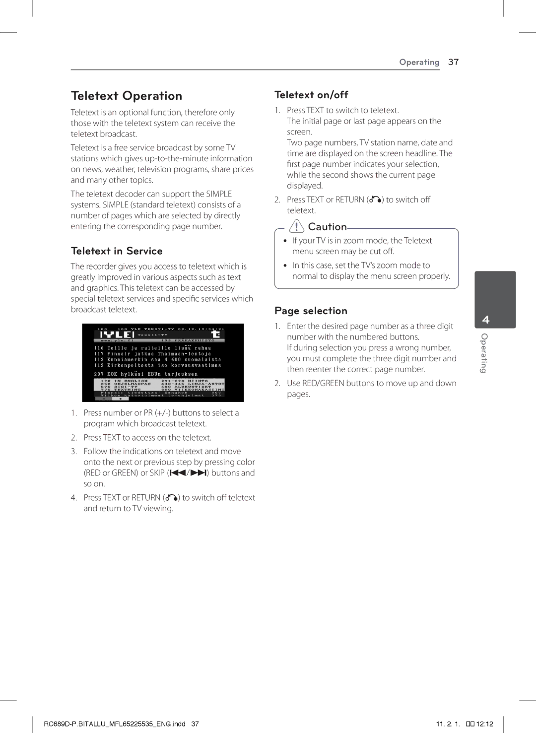 LG Electronics RCT689H Teletext Operation, Teletext in Service, Selection, Press Text or Return x to switch off teletext 