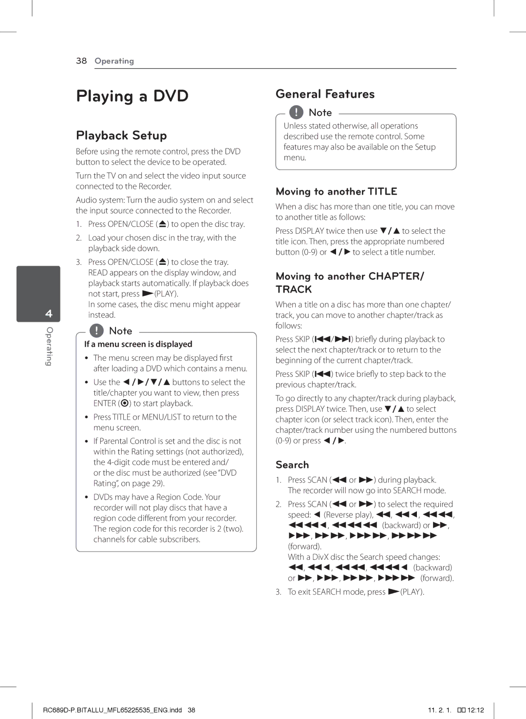 LG Electronics RCT689H owner manual Playing a DVD, Playback Setup, General Features 