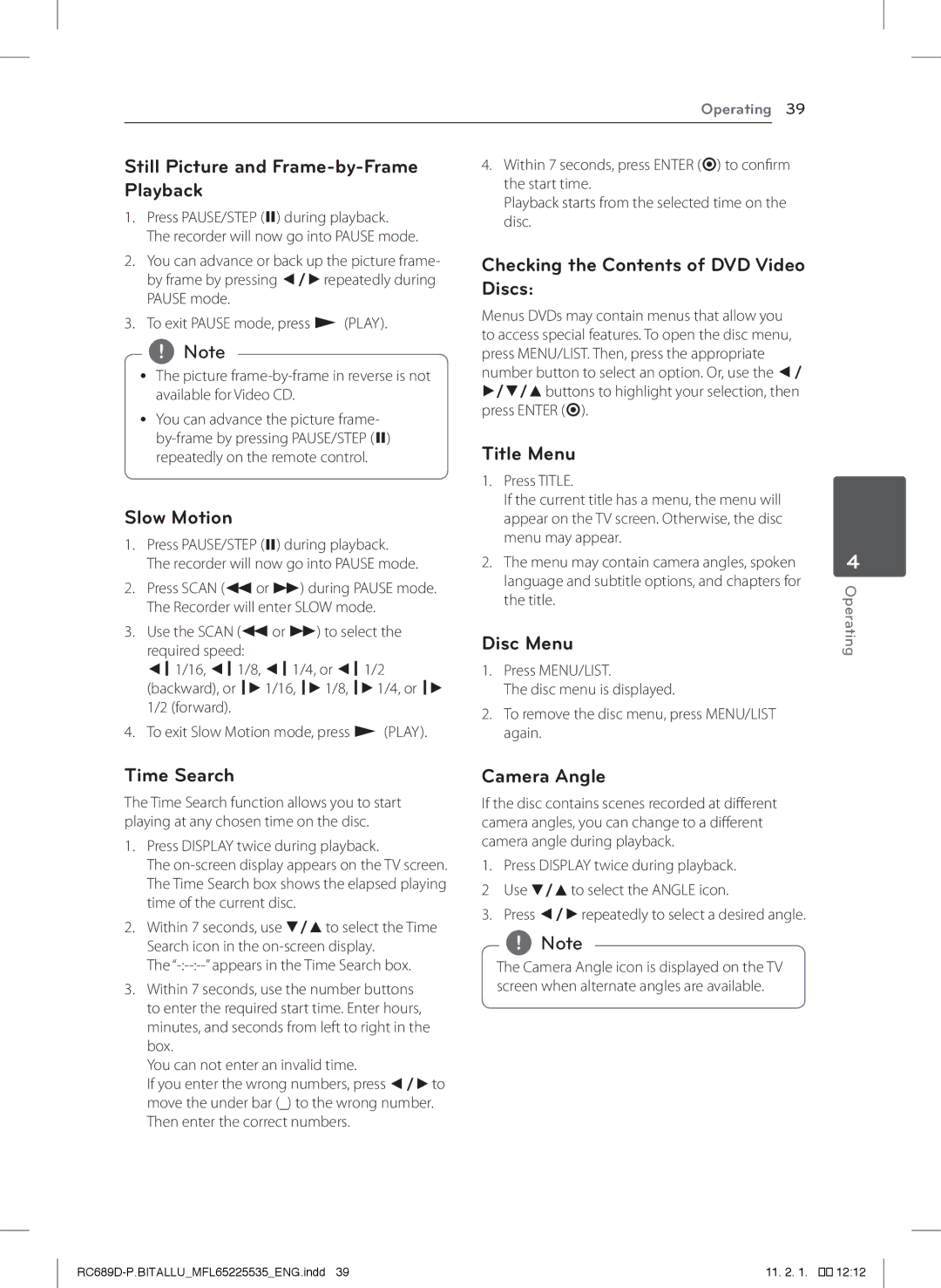 LG Electronics RCT689H Still Picture and Frame-by-Frame, Playback, Slow Motion, Checking the Contents of DVD Video Discs 