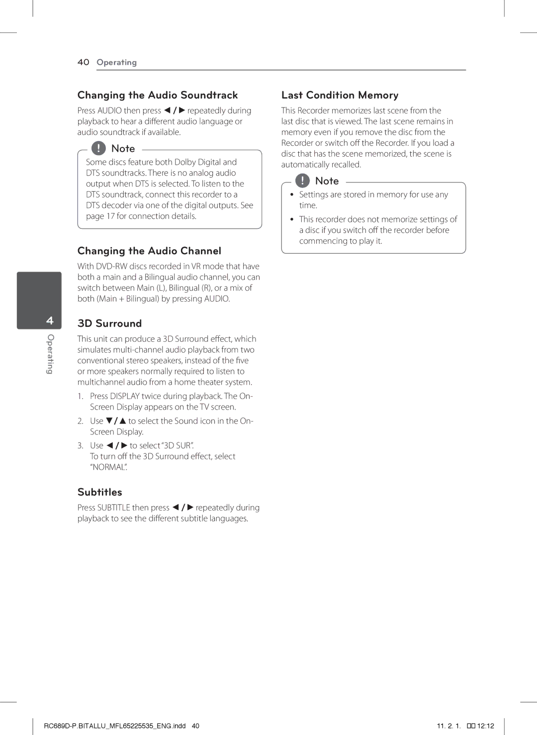 LG Electronics RCT689H owner manual Changing the Audio Soundtrack, Changing the Audio Channel, 3D Surround, Subtitles 