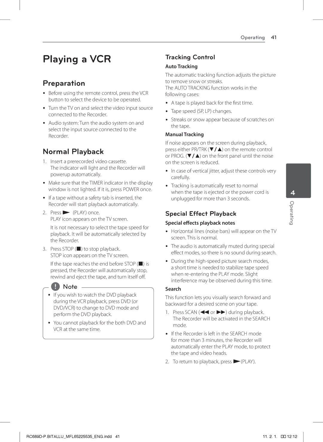 LG Electronics RCT689H owner manual Playing a VCR, Preparation, Normal Playback, Tracking Control, Special Effect Playback 