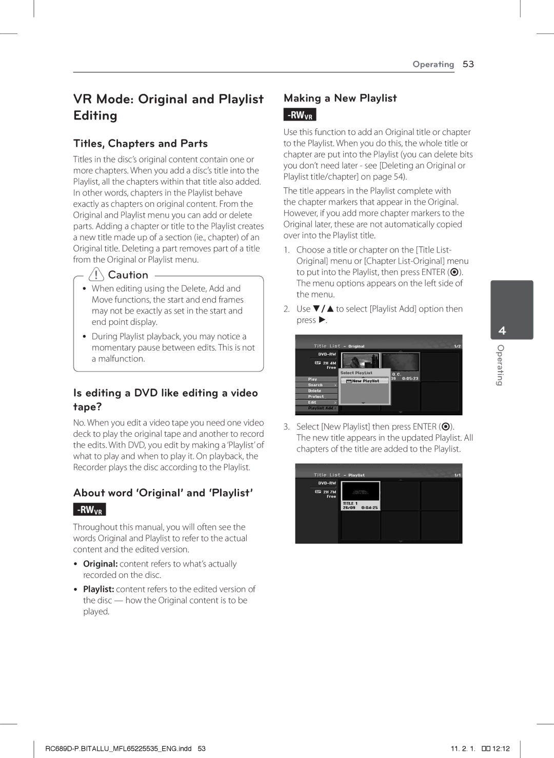 LG Electronics RCT689H VR Mode Original and Playlist Editing, Titles, Chapters and Parts, Making a New Playlist 